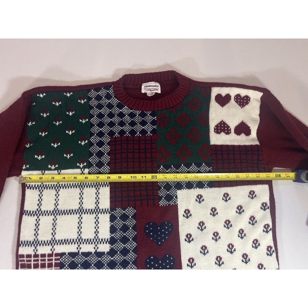 Vintage New Addition Maternity Patchwork Sweater Medium | Burgundy Cottagecore - Picture 7 of 14